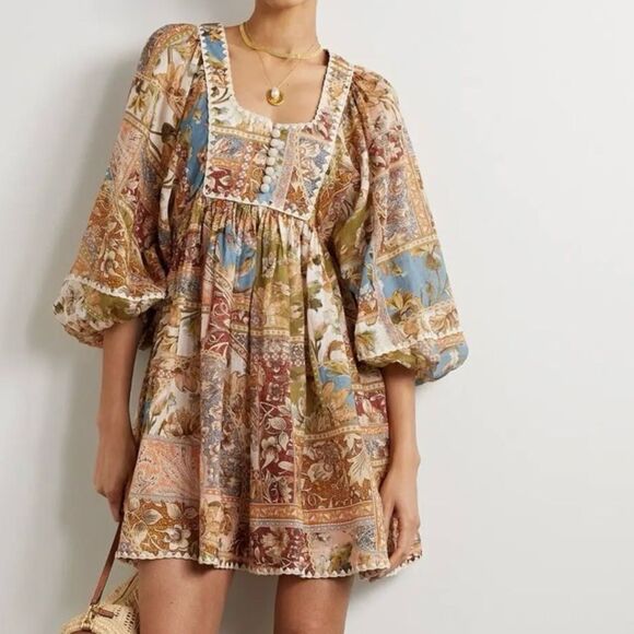 Zimmermann Chintz Billow Mini Dress Floral Crochet Long Sleeves Multi AU 0, US 4 - Picture 1 of 13